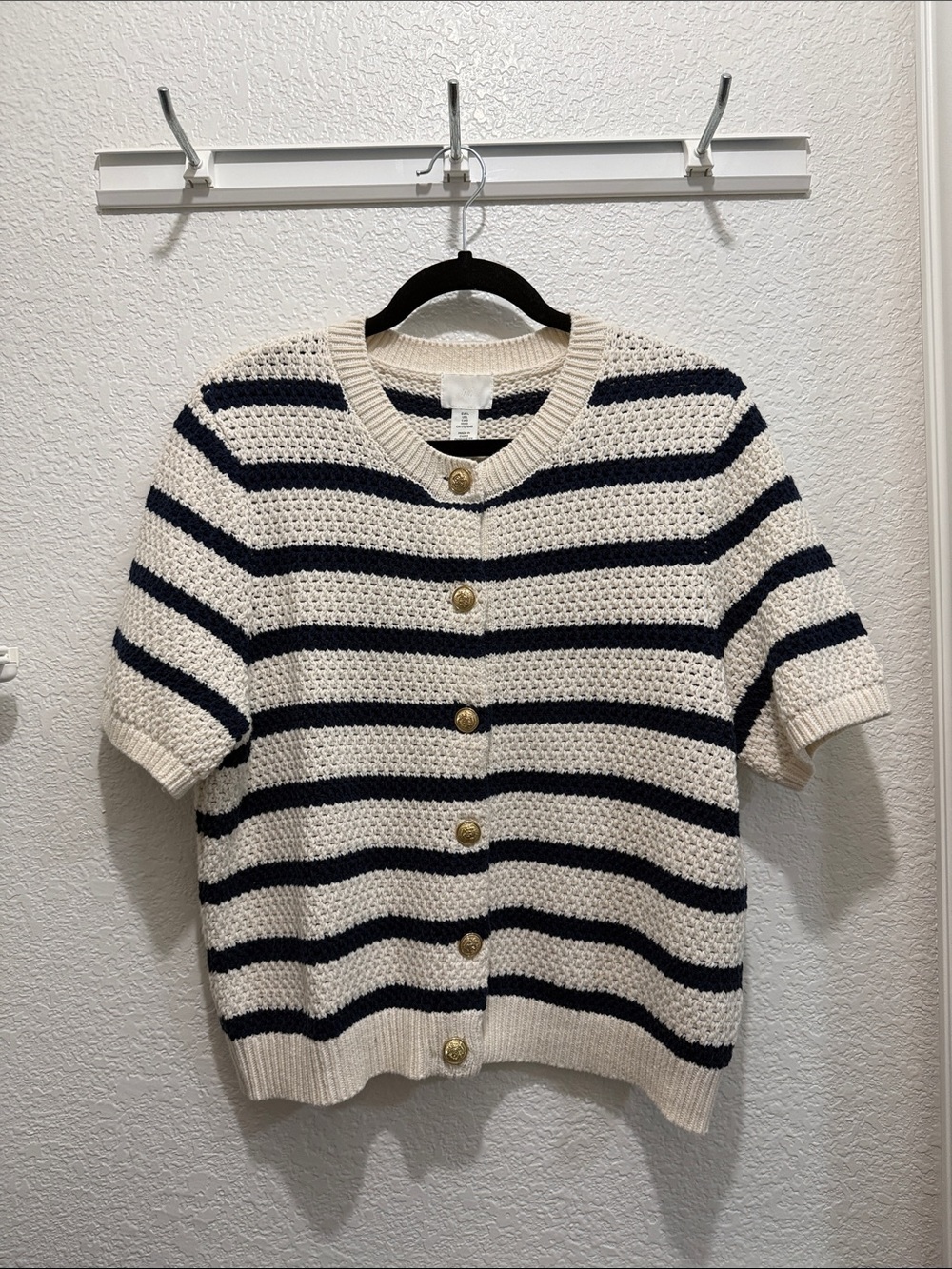 H&M Cream & Navy Striped Short-Sleeve Cardigan with Gold Buttons